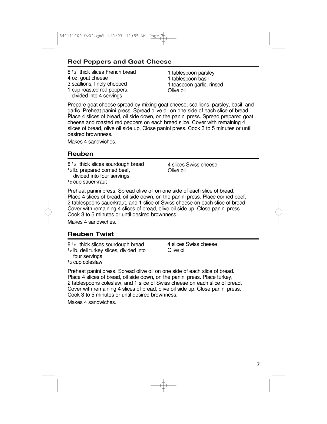 Hamilton Beach 25450 operating instructions Red Peppers and Goat Cheese, Reuben Twist 