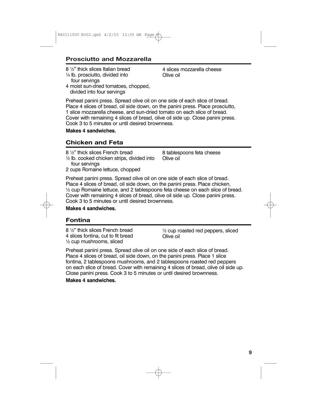 Hamilton Beach 25450 operating instructions Prosciutto and Mozzarella, Chicken and Feta, Fontina 