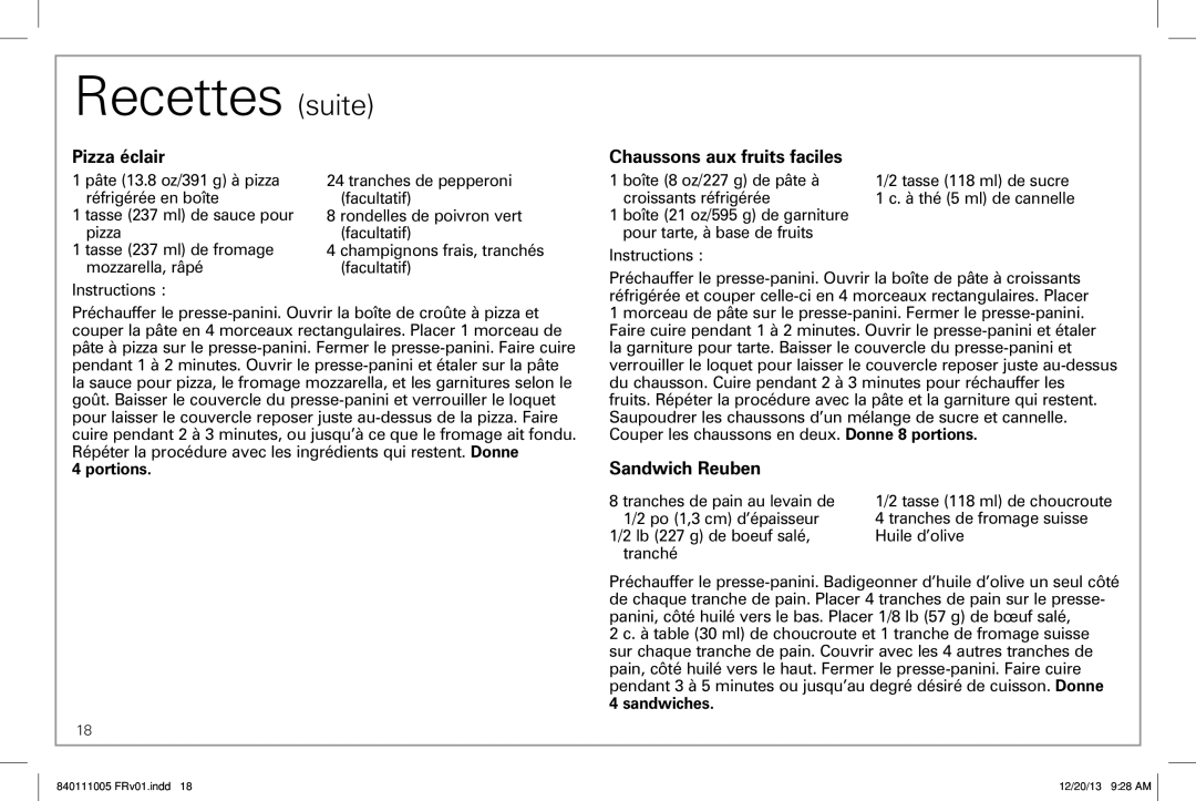 Hamilton Beach 25450 manual Recettes suite, Pizza éclair, Chaussons aux fruits faciles, Sandwich Reuben, portions 