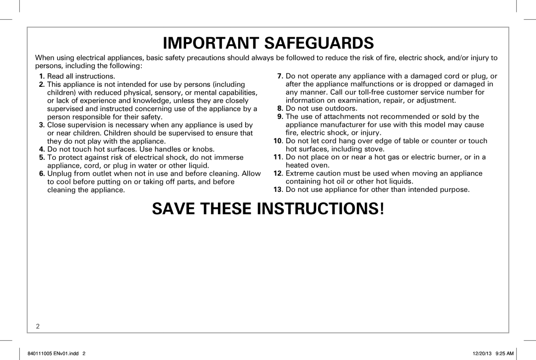 Hamilton Beach 25450 manual Important Safeguards, Save These Instructions 