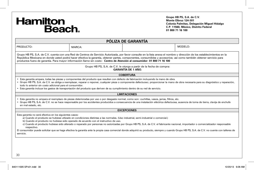 Hamilton Beach 25450 manual Póliza De Garantía 