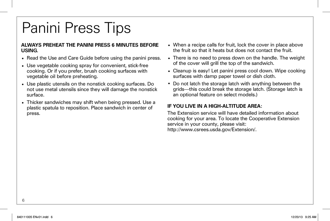 Hamilton Beach 25450 manual Panini Press Tips, If You Live In A High-Altitudearea 