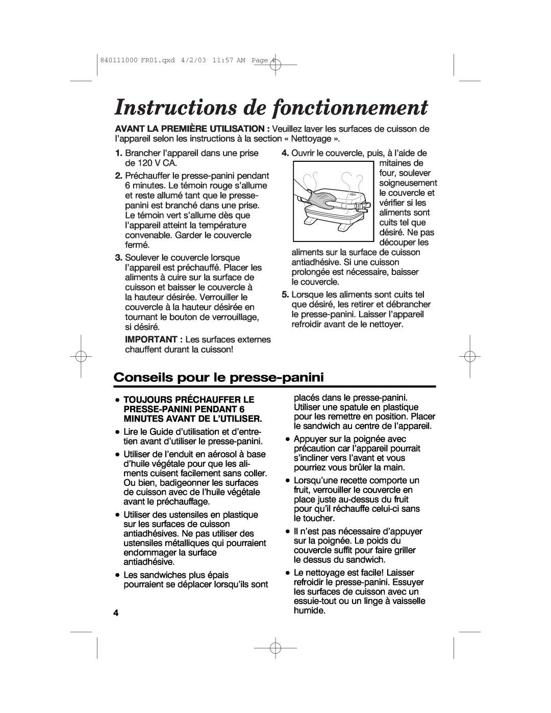 Hamilton Beach 25450 operating instructions Instructions de fonctionnement, Conseils pour le presse-panini 