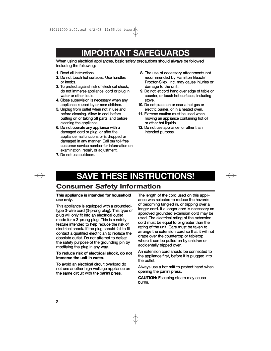 Hamilton Beach 25450 operating instructions Important Safeguards, Save These Instructions, Consumer Safety Information 