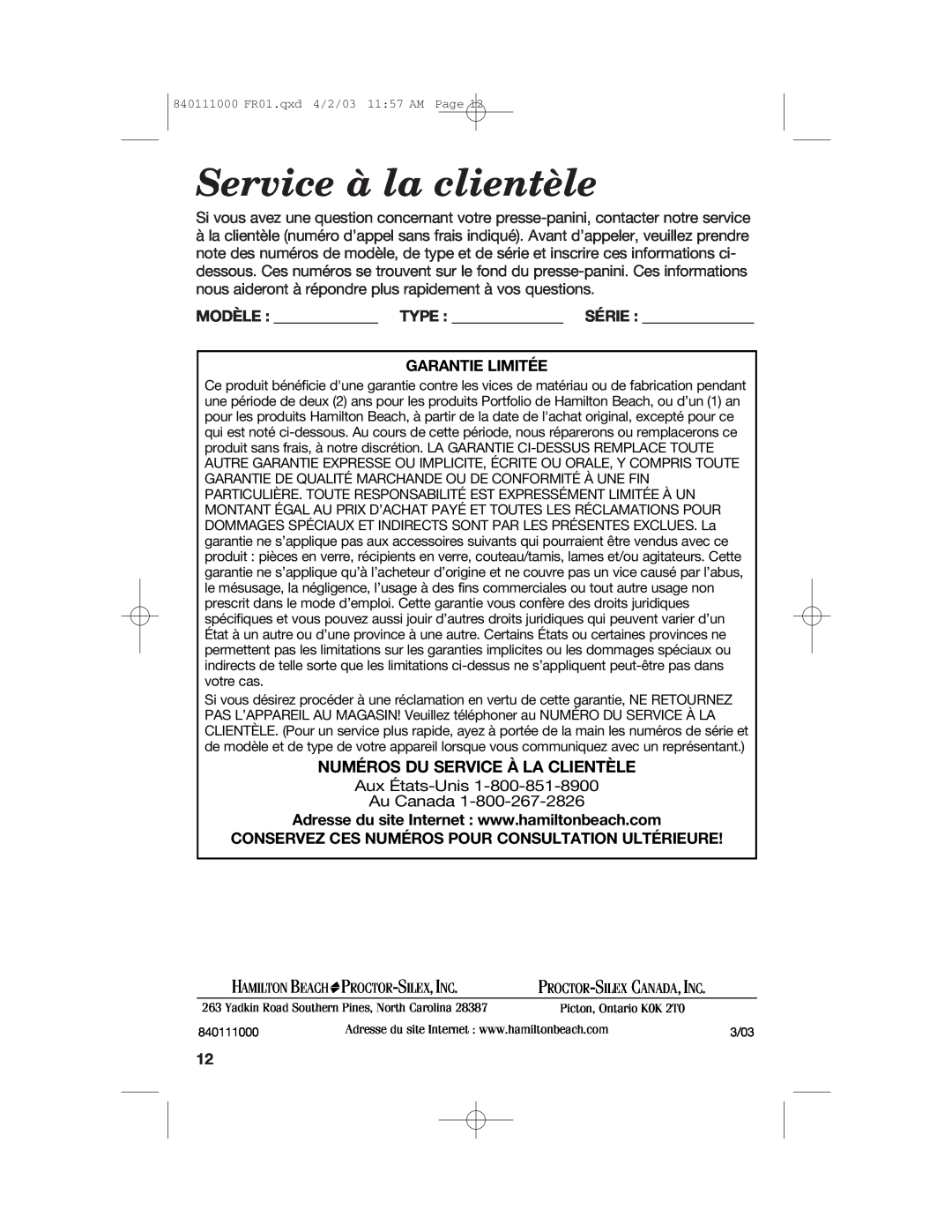 Hamilton Beach 25450 operating instructions Service à la clientèle, Numéros Du Service À La Clientèle, Garantie Limitée 