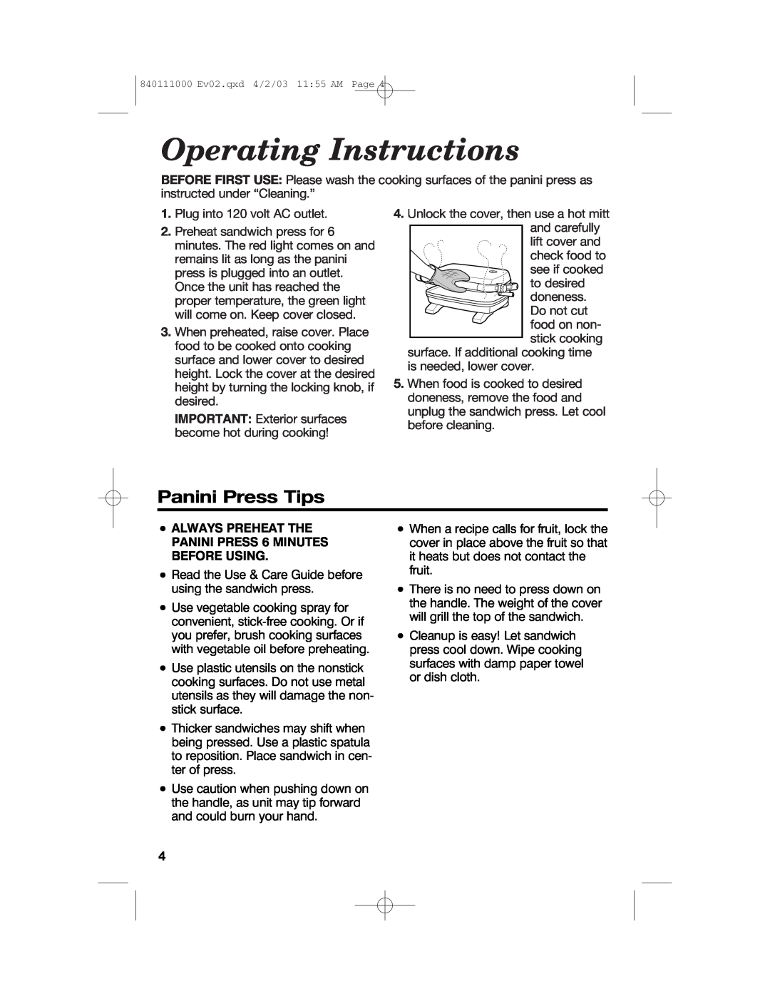 Hamilton Beach 25450 Operating Instructions, Panini Press Tips, Always Preheat The, PANINI PRESS 6 MINUTES, Before Using 