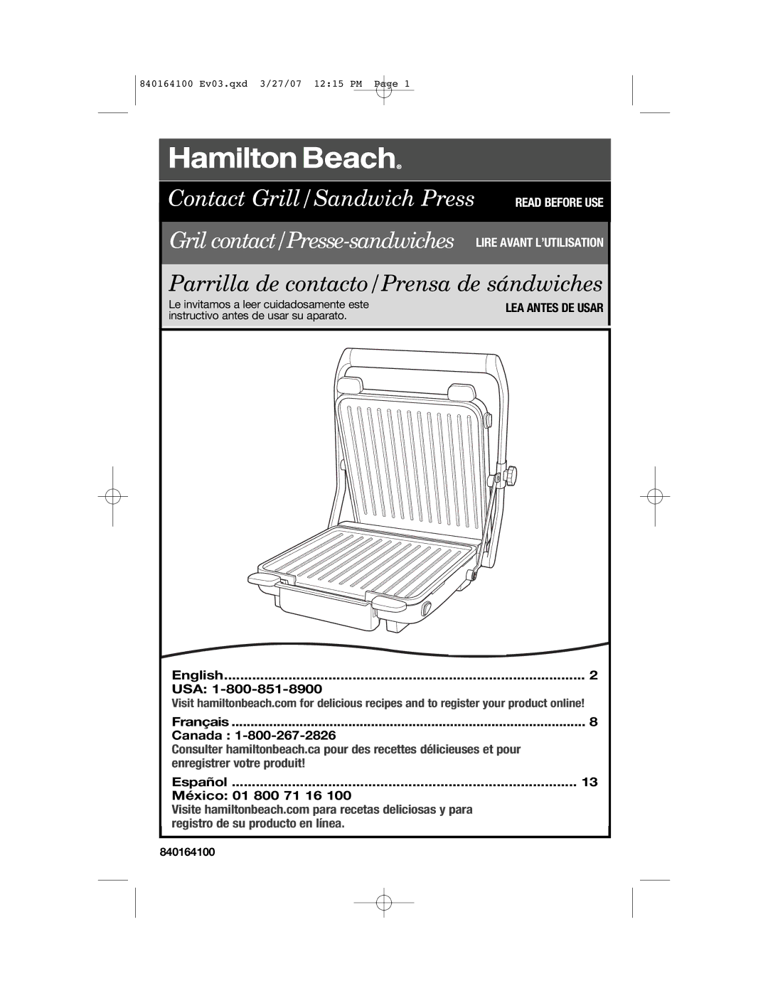 Hamilton Beach 25451 manual Gril contact/Presse-sandwiches, 840164100 