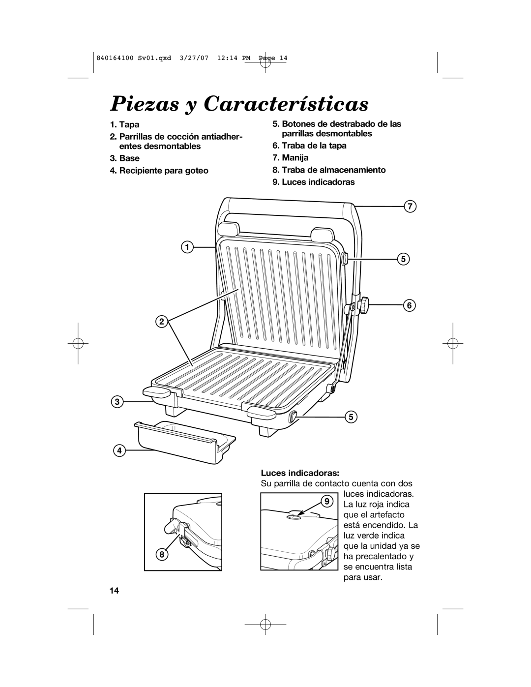 Hamilton Beach 25451 manual Piezas y Características, Parrillas de cocción antiadher- entes desmontables 