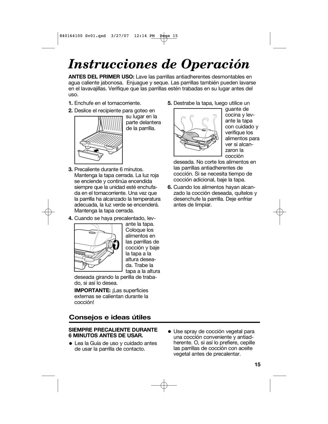 Hamilton Beach 25451 manual Instrucciones de Operación, Consejos e ideas útiles 