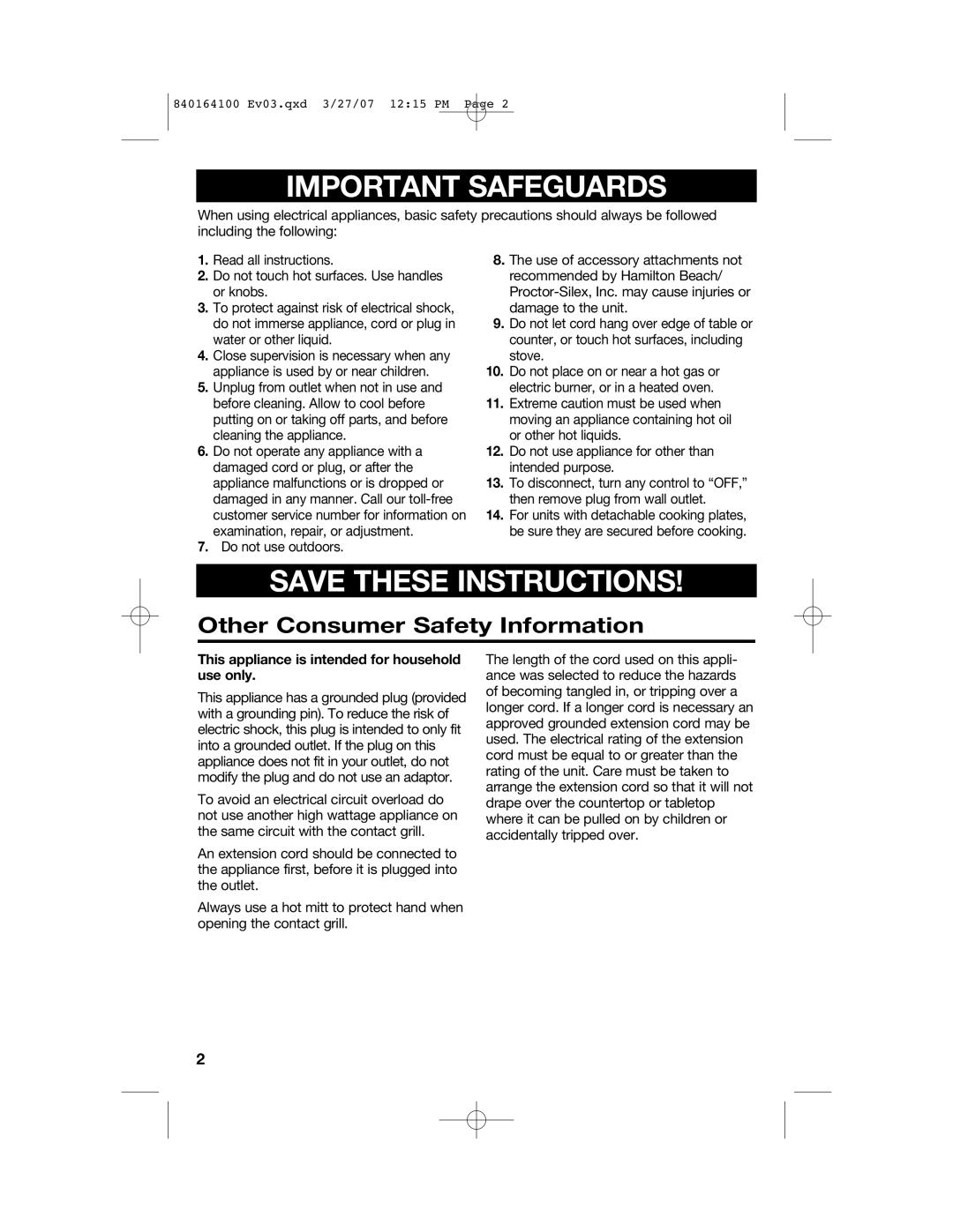 Hamilton Beach 25451 manual Important Safeguards, This appliance is intended for household use only 