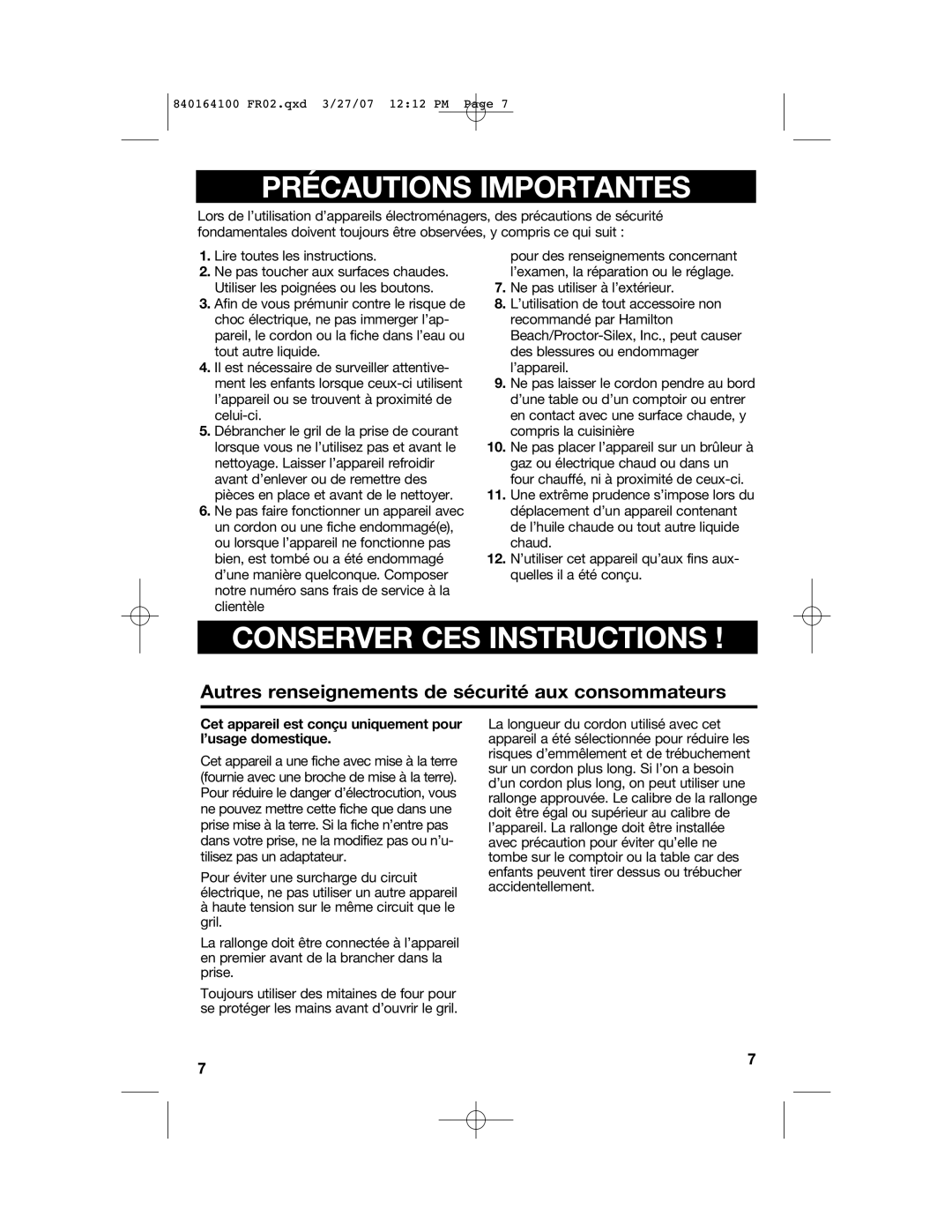 Hamilton Beach 25451 manual Autres renseignements de sécurité aux consommateurs 