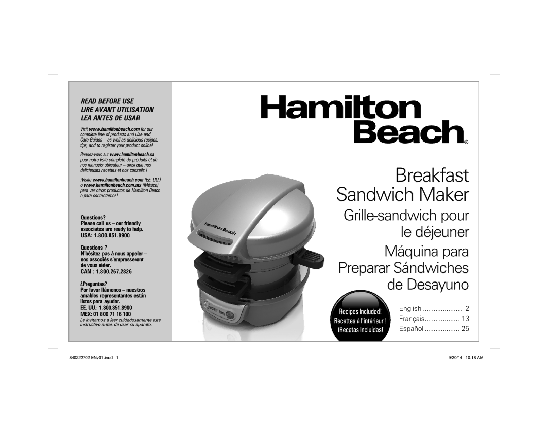 Hamilton Beach 25475 manual Breakfast Sandwich Maker 