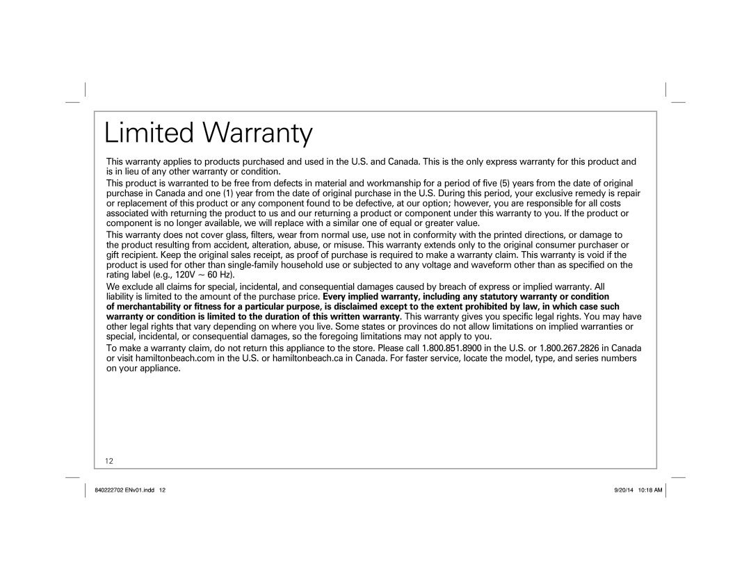 Hamilton Beach 25475 manual Limited Warranty 