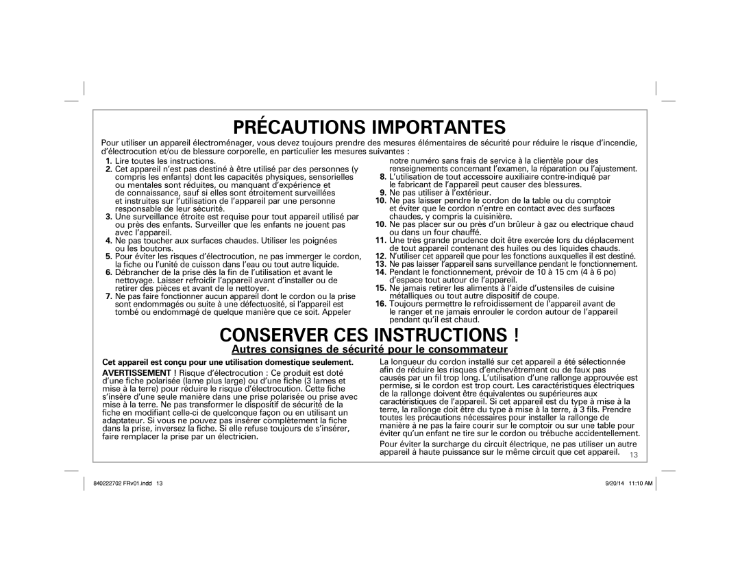 Hamilton Beach 25475 manual Précautions Importantes 