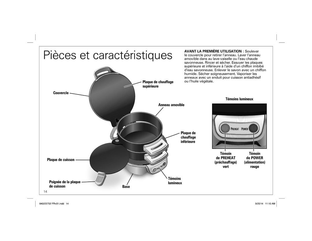 Hamilton Beach 25475 manual Pièces et caractéristiques, Couvercle, Témoins lumineux Anneau amovible, De cuisson Base 