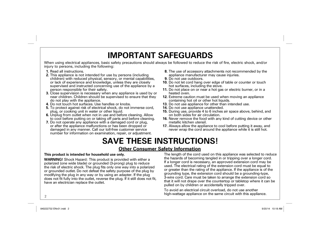 Hamilton Beach 25475 manual Important Safeguards, This product is intended for household use only 