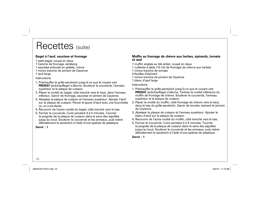 Hamilton Beach 25475 manual Bagel à l’œuf, saucisse et fromage 
