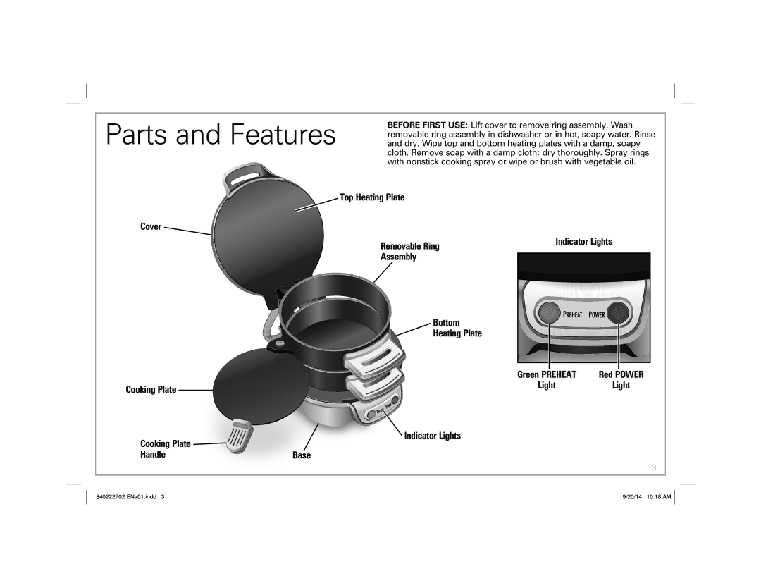 Hamilton Beach 25475 manual Red, Light Indicator Lights Cooking Plate Handle Base 