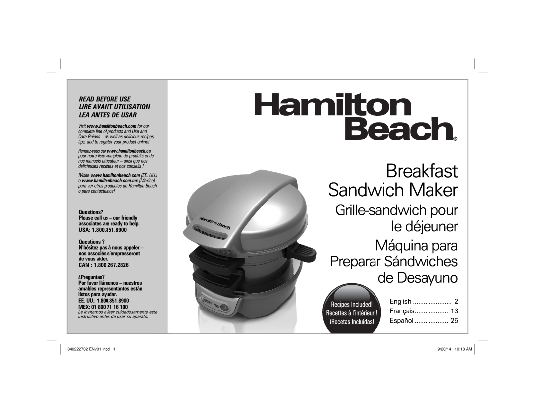 Hamilton Beach 25475 manual Breakfast Sandwich Maker, Read Before Use, Lire Avant Utilisation Lea Antes De Usar 