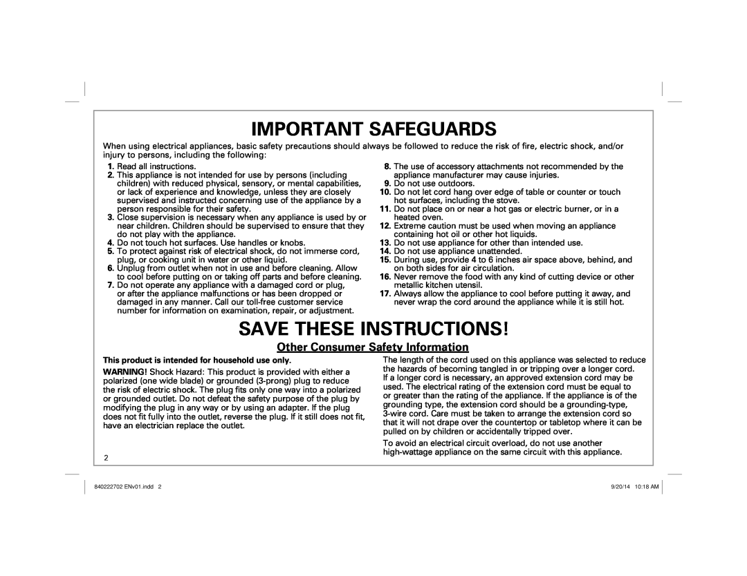 Hamilton Beach 25475 manual Important Safeguards, Save These Instructions, Other Consumer Safety Information 