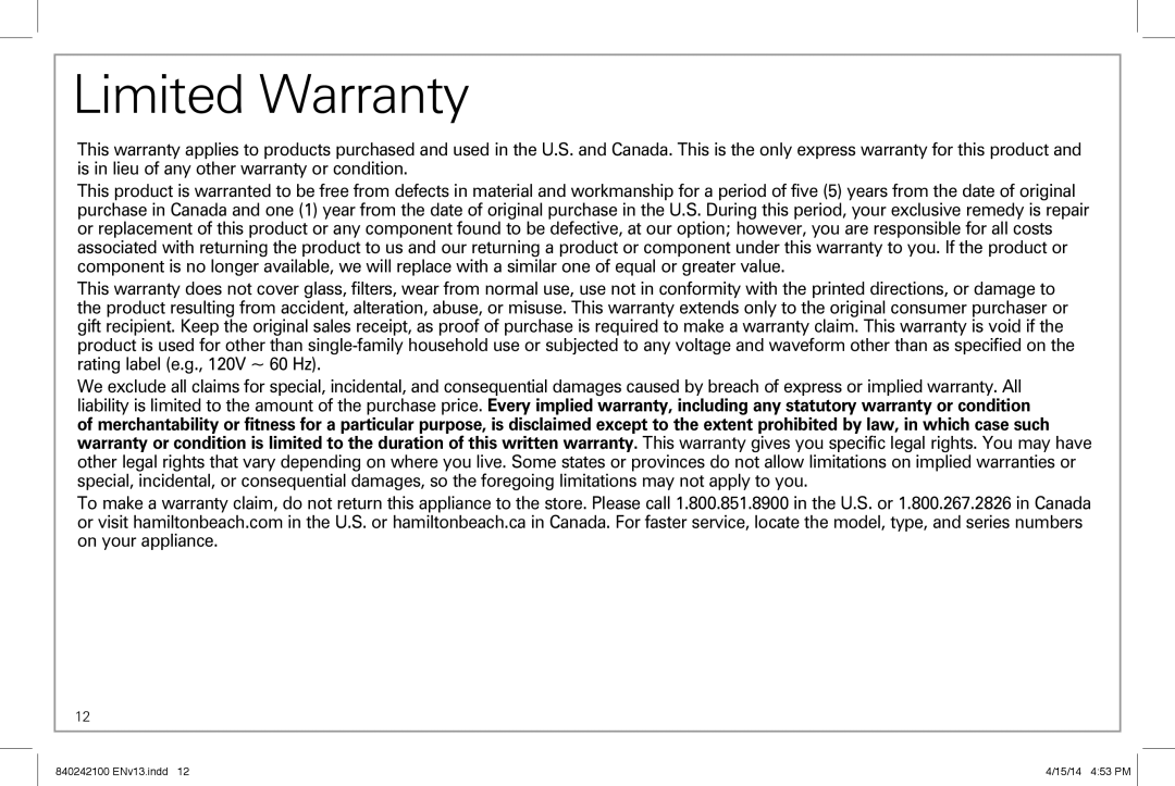 Hamilton Beach 25490 manual Limited Warranty 