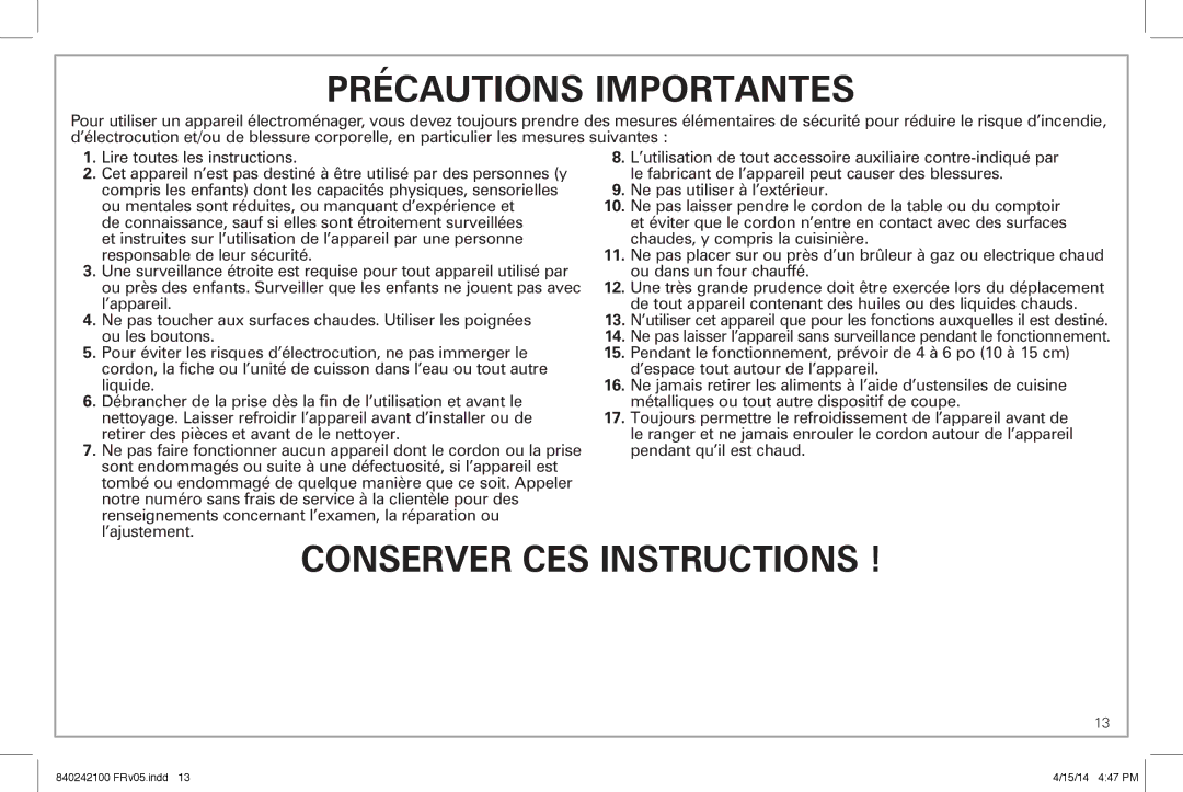 Hamilton Beach 25490 manual Précautions Importantes 