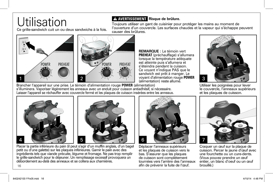Hamilton Beach 25490 manual Utilisation, Avertissement Risque de brûlure 