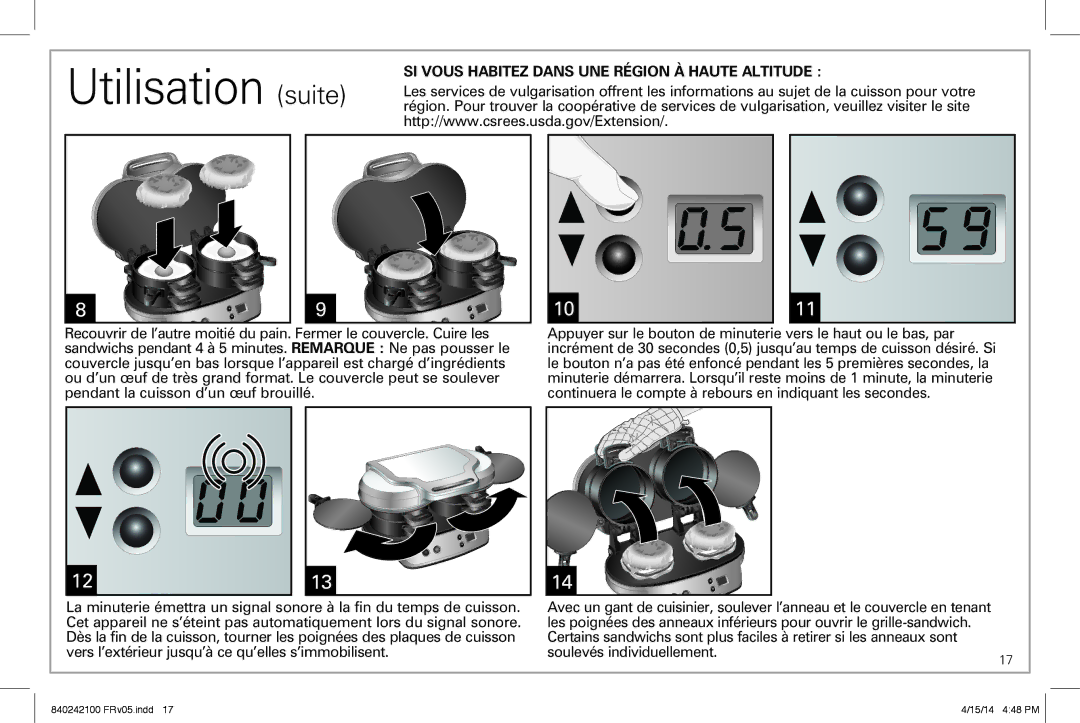 Hamilton Beach 25490 manual Utilisation suite, SI Vous Habitez Dans UNE Région À Haute Altitude 