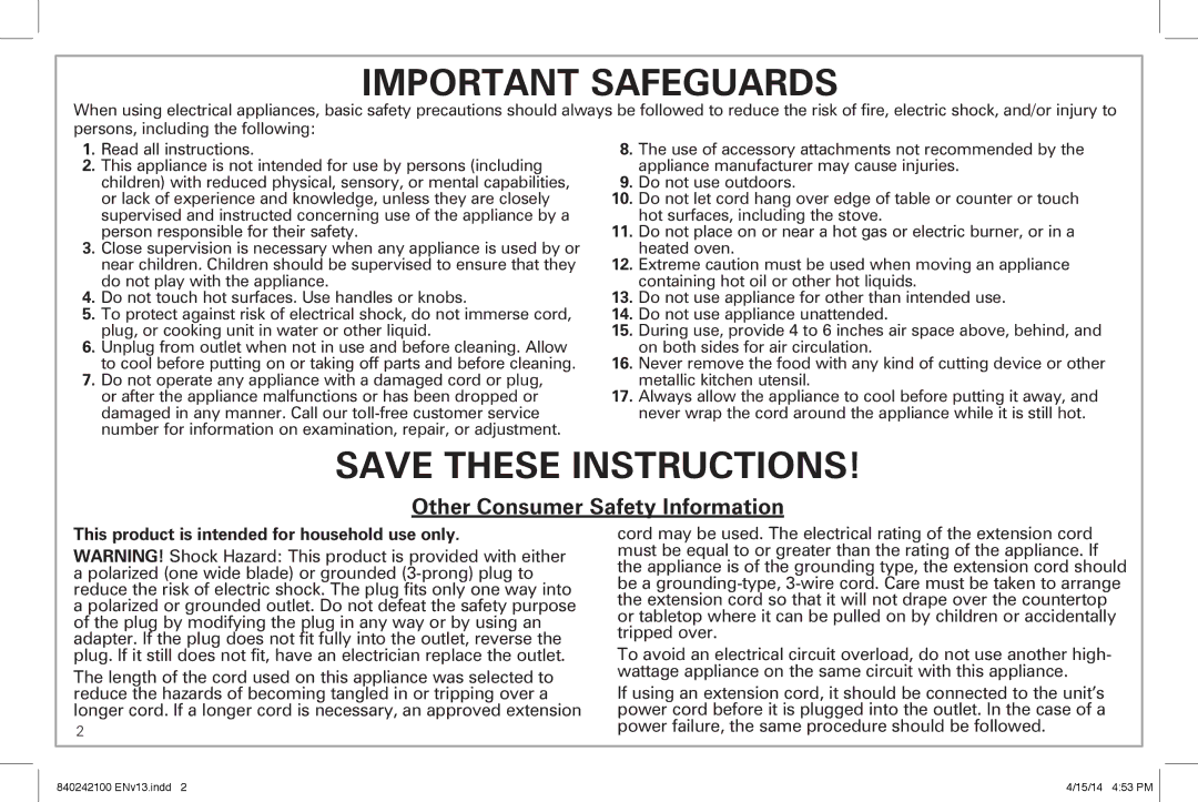 Hamilton Beach 25490 manual Important Safeguards, This product is intended for household use only 