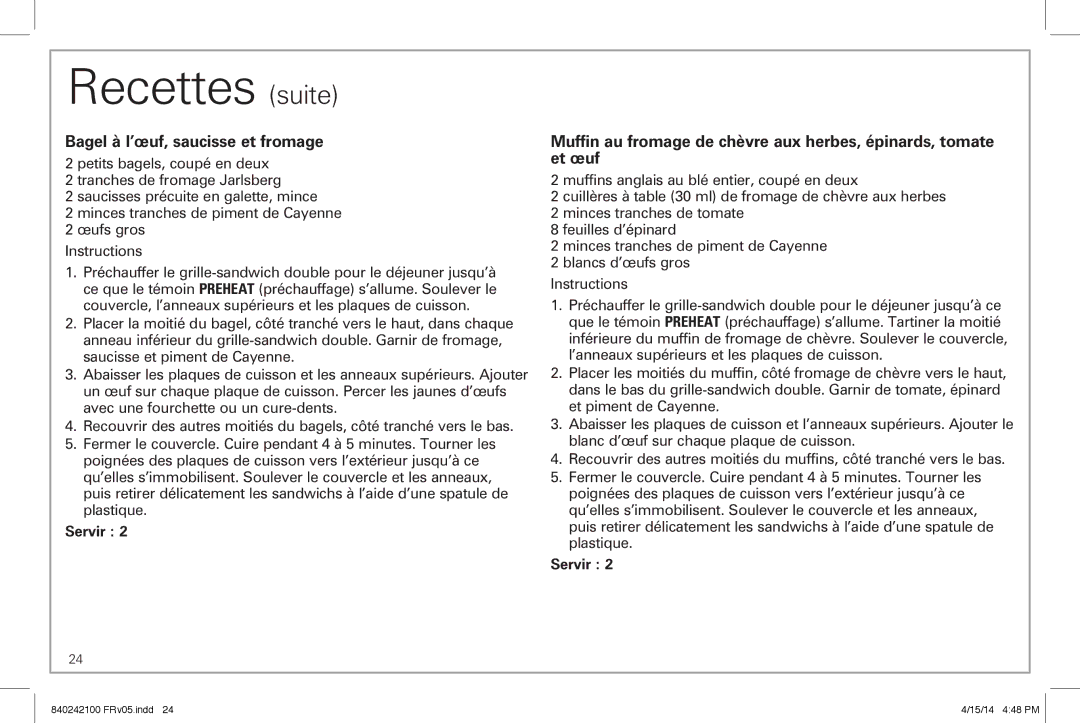 Hamilton Beach 25490 manual Bagel à l’œuf, saucisse et fromage 