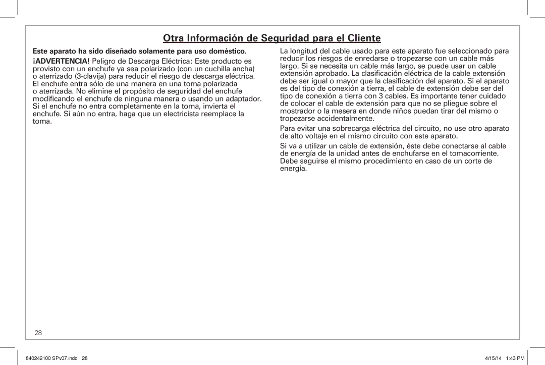 Hamilton Beach 25490 manual Otra Información de Seguridad para el Cliente 