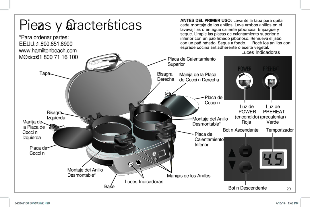 Hamilton Beach 25490 Luces Indicadoras, Tapa Bisagra, Derecha, Placa de Cocción, Manija de Izquierda Montaje del Anillo 
