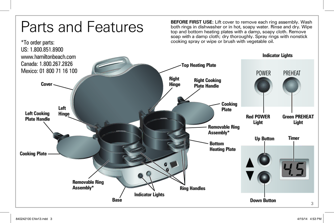 Hamilton Beach 25490 manual Parts and Features 