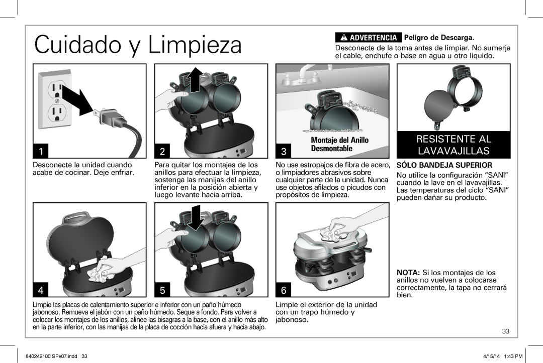 Hamilton Beach 25490 manual Cuidado y Limpieza, Montaje del Anillo Desmontable, Advertencia Peligro de Descarga 