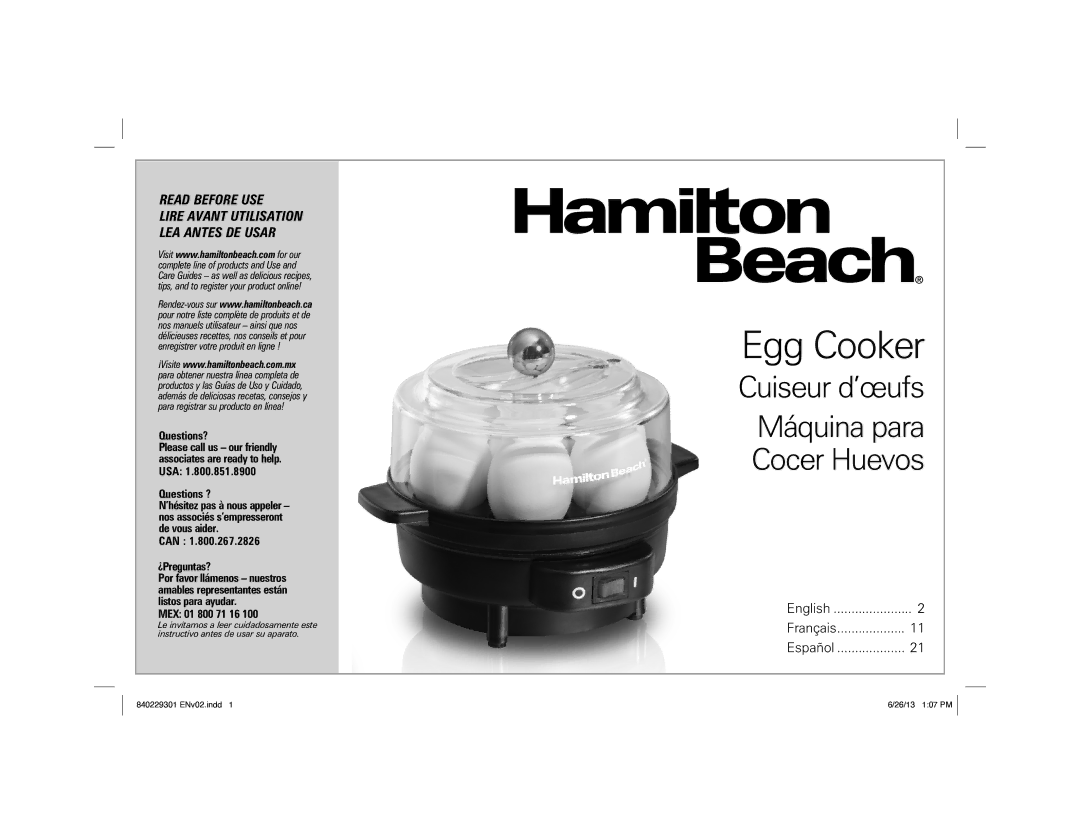 Hamilton Beach 25500 manual Egg Cooker 