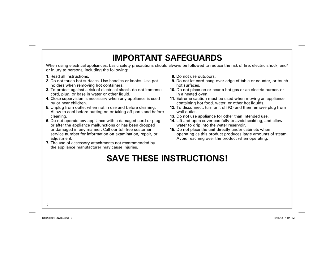 Hamilton Beach 25500 manual Important Safeguards 