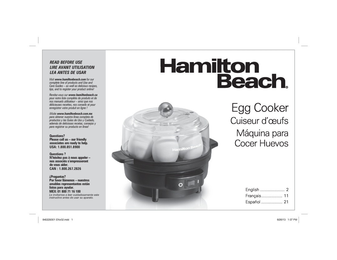 Hamilton Beach 25500 manual Egg Cooker, Cuiseur d’œufs, Máquina para Cocer Huevos, Read Before Use, Questions?, Mex 