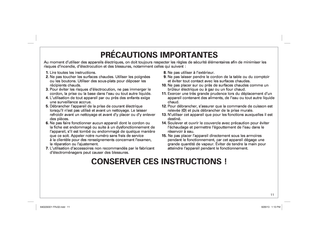 Hamilton Beach 25500 manual Précautions Importantes, Conserver Ces Instructions 