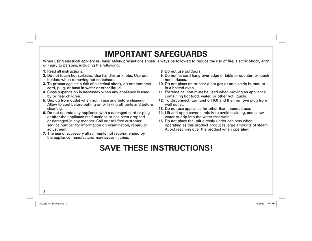 Hamilton Beach 25500 manual Important Safeguards, Save These Instructions 