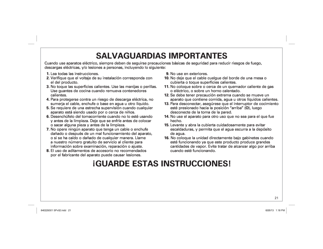 Hamilton Beach 25500 manual Salvaguardias Importantes, ¡Guarde Estas Instrucciones 