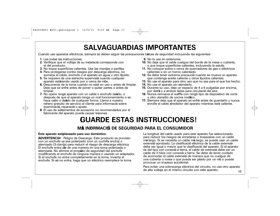 Hamilton Beach 26030 manual Salvaguardias Importantes, Este aparato está planeado para uso doméstico 