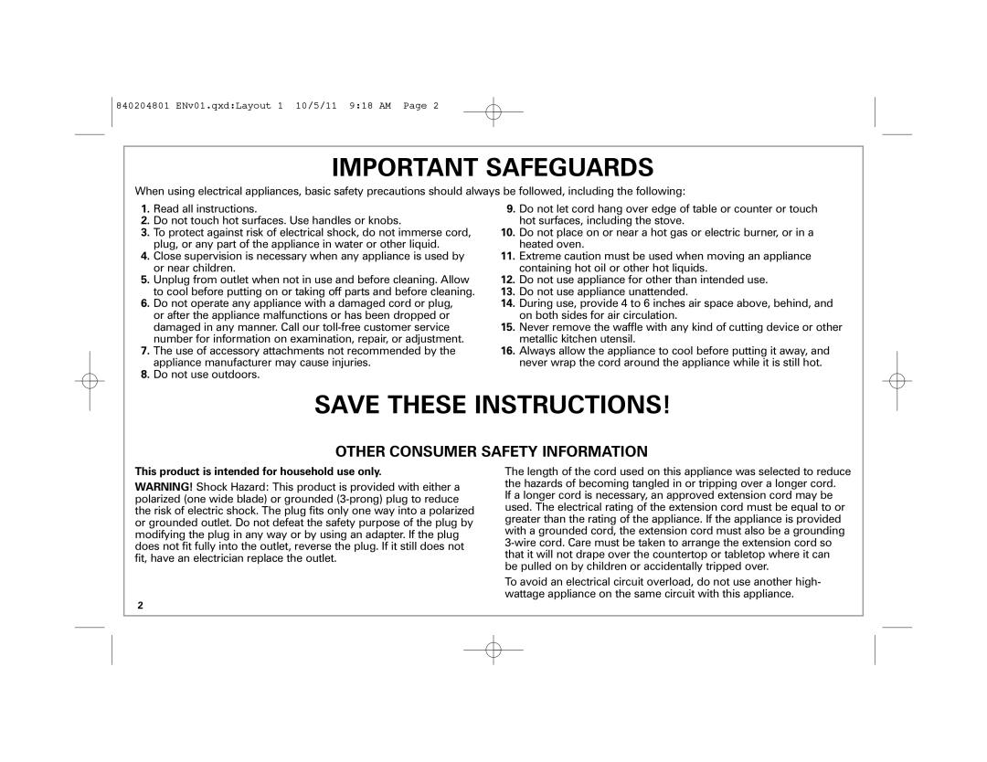 Hamilton Beach 26030 manual Important Safeguards, This product is intended for household use only 