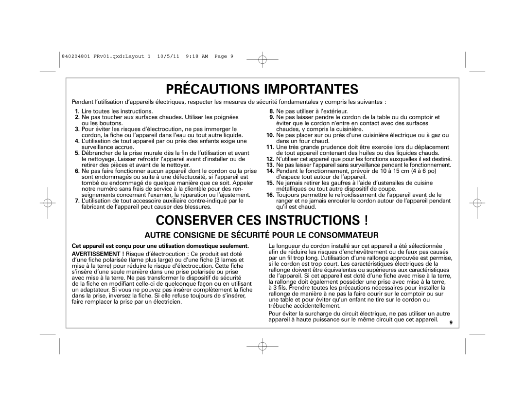 Hamilton Beach 26030 manual Précautions Importantes 