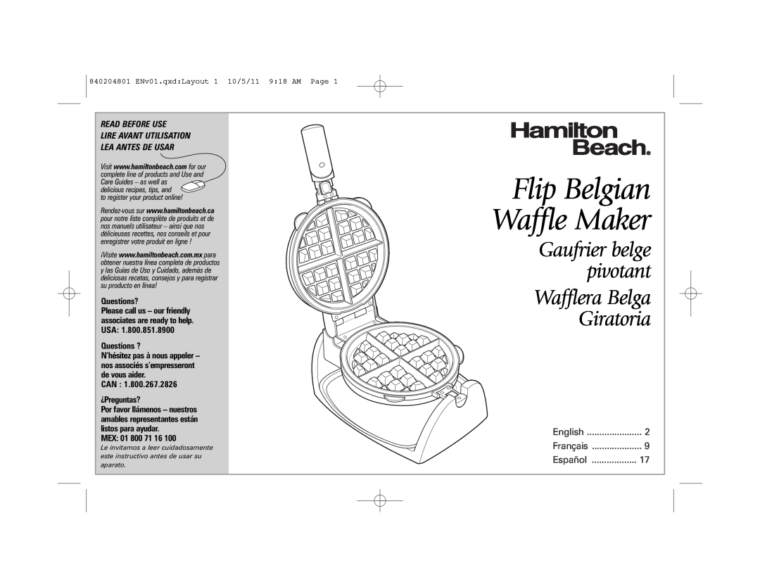 Hamilton Beach 26030 manual Flip Belgian Waffle Maker, Gaufrier belge pivotant Wafflera Belga Giratoria, Read Before Use 
