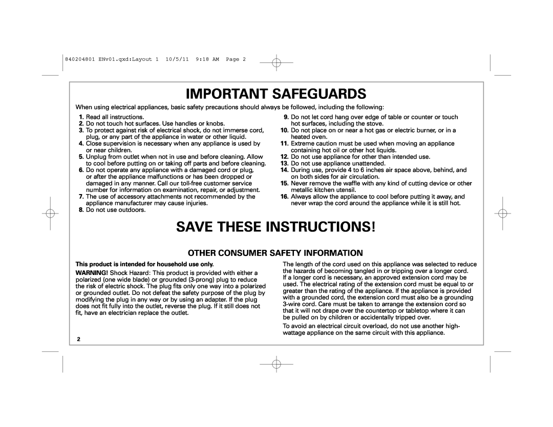 Hamilton Beach 26030 manual Important Safeguards, Save These Instructions, Other Consumer Safety Information 