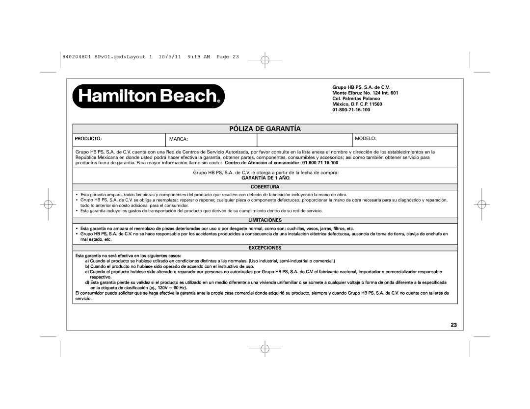 Hamilton Beach 26030 Póliza De Garantía, 840204801 SPv01.qxdLayout 1 10/5/11 919 AM Page, GARANTÍA DE 1 AÑO COBERTURA 