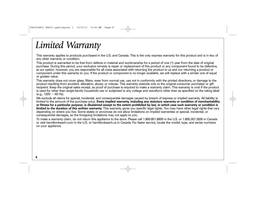 Hamilton Beach 26030 manual Limited Warranty 