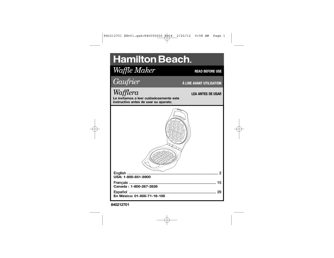 Hamilton Beach 26040 manual Waffle Maker 