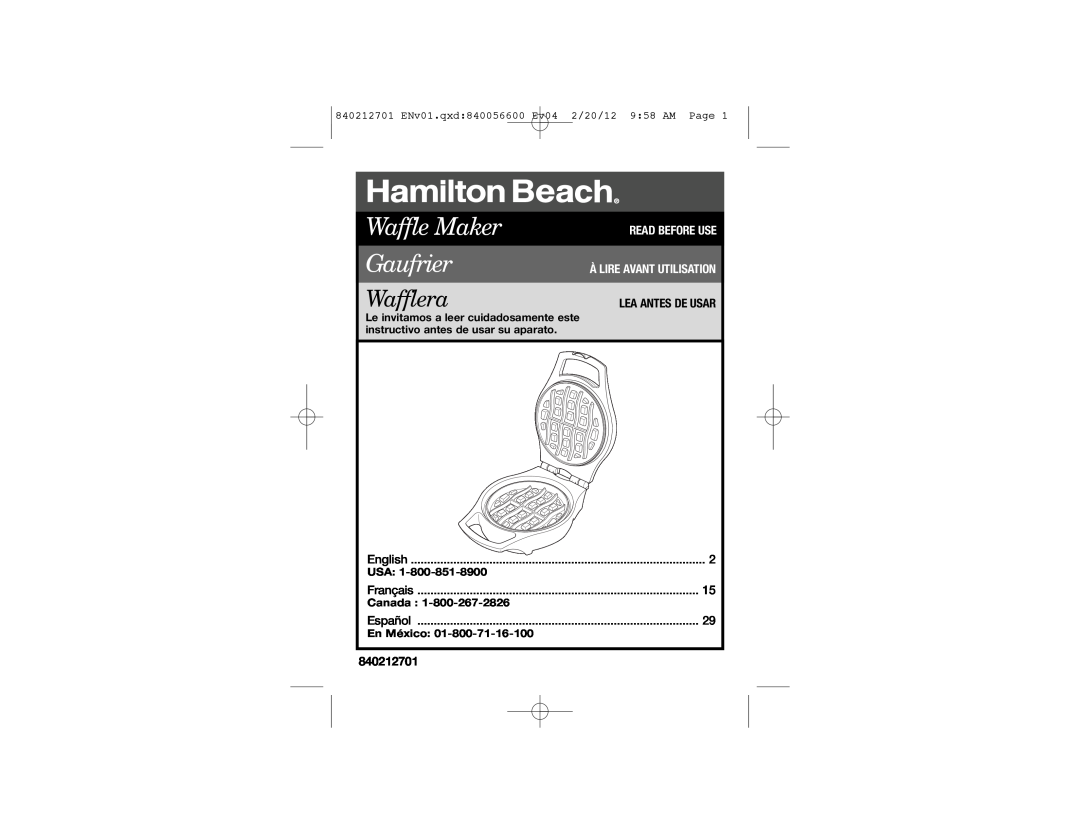Hamilton Beach 26040 manual Waffle Maker, Gaufrier, Wafflera, Read Before Use, Àlire Avant Utilisation 