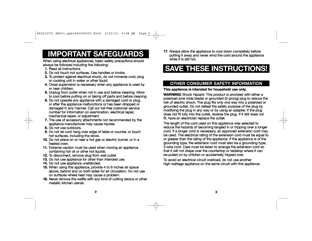 Hamilton Beach 26040 manual Important Safeguards, Save These Instructions, Other Consumer Safety Information 
